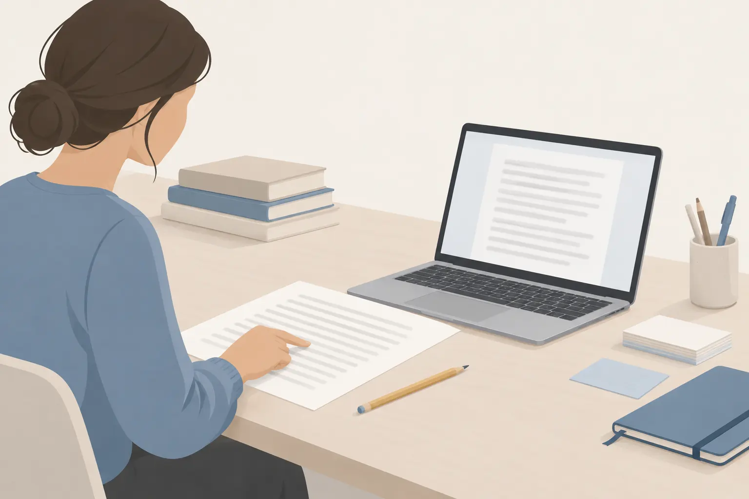 A student seen from over the shoulder at a desk, running a finger down a printed page next to an open laptop, with a pencil, stacked books and a notebook nearby