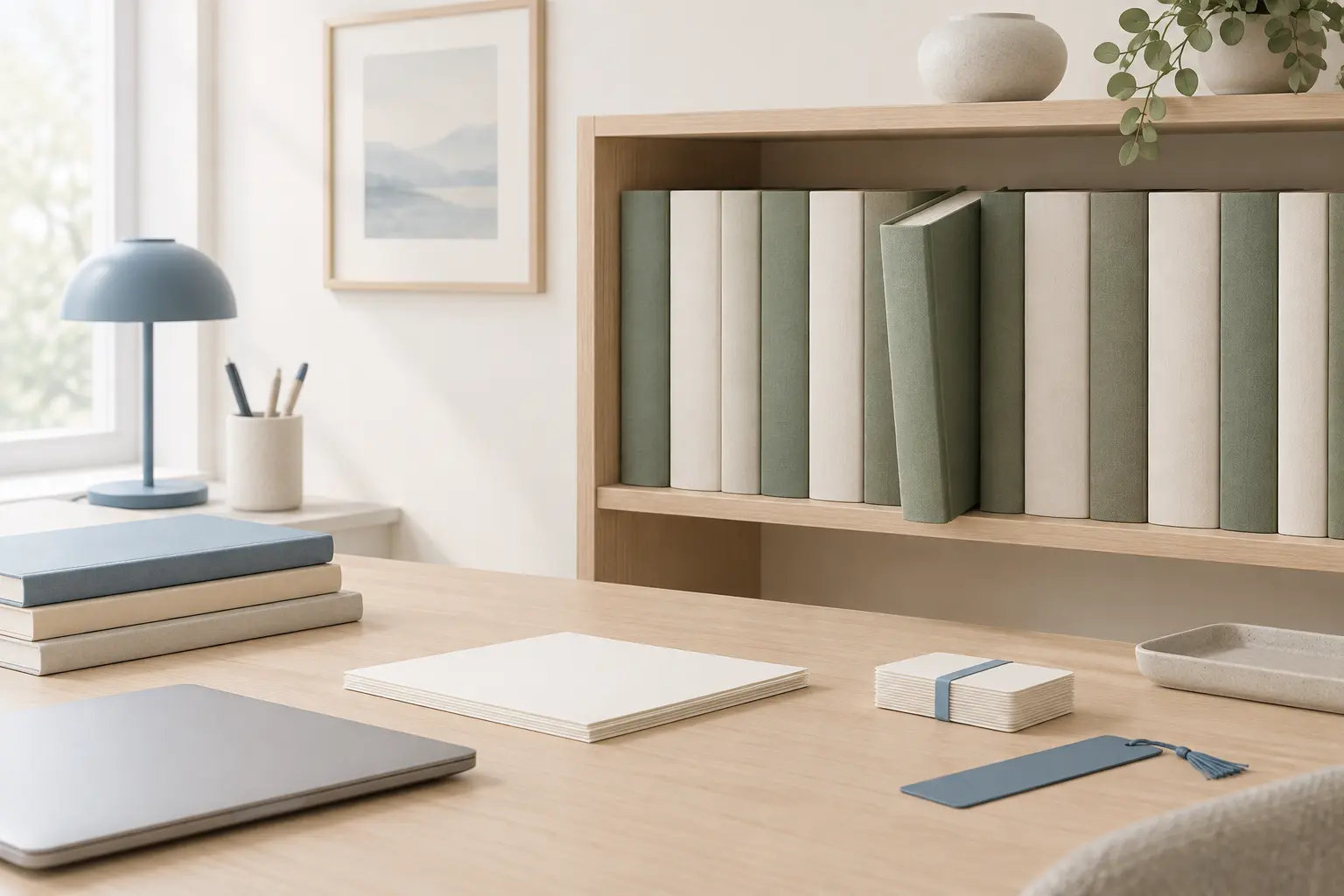 A light wooden bookshelf holding a row of matching cloth-bound hardcovers in muted green and cream, with one green book tilted out of line, above a desk with a closed laptop and a banded stack of index cards