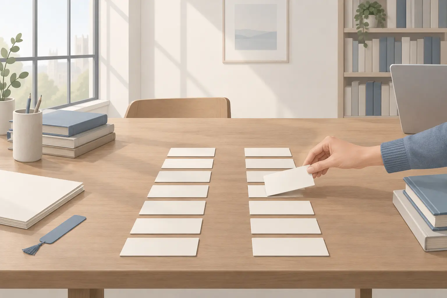 A wide wooden library table with two rows of blank index cards laid out in neat columns, a hand sliding one card into place between two others, soft daylight from a tall window