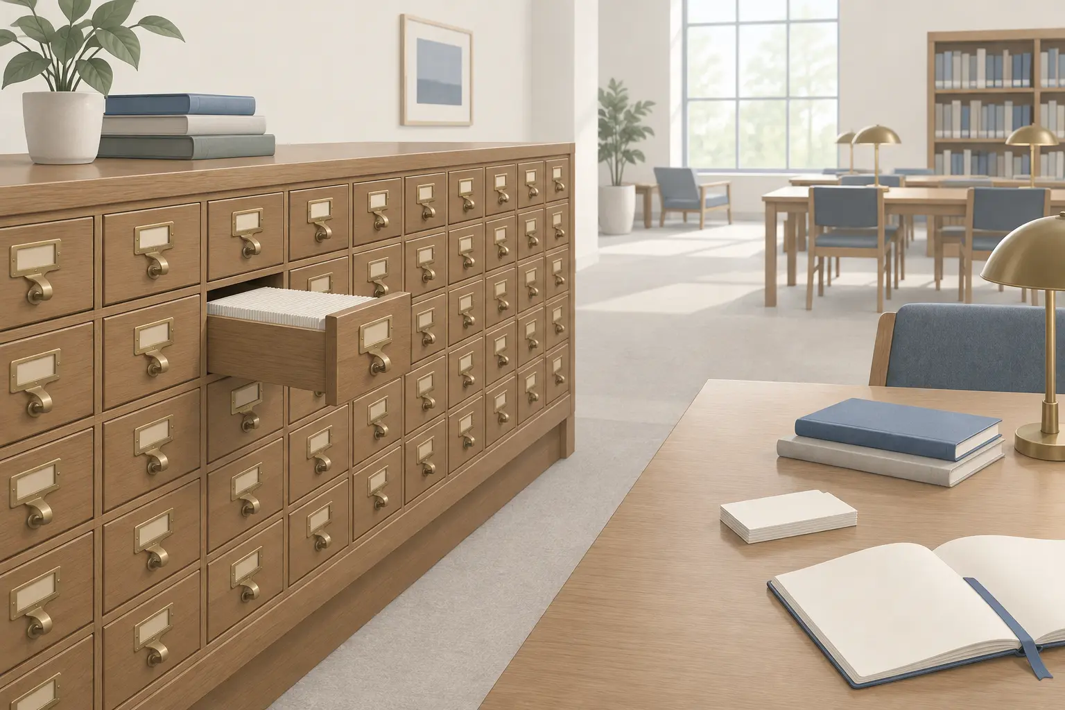 A long oak card catalog with rows of small brass-handled drawers, one pulled open to show tightly packed index cards, in a bright library reading room with tables and brass lamps