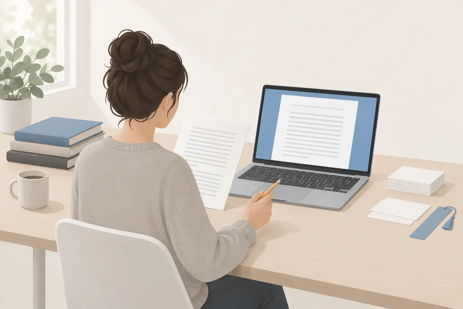 A student seen from behind at a desk, holding a printed page beside a laptop showing a document, pencil in hand, with a coffee mug and stacked books nearby