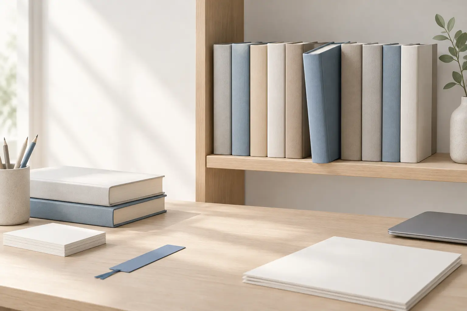 A light wooden shelf of plain cloth-bound hardcovers in muted blue, grey and cream, one book leaning out of line, above a sunlit desk with stacked books and a pencil pot