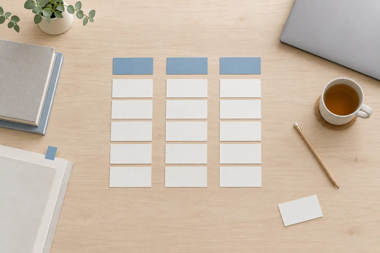 Overhead view of blank index cards laid out in three sorted columns on a desk, with one card set apart