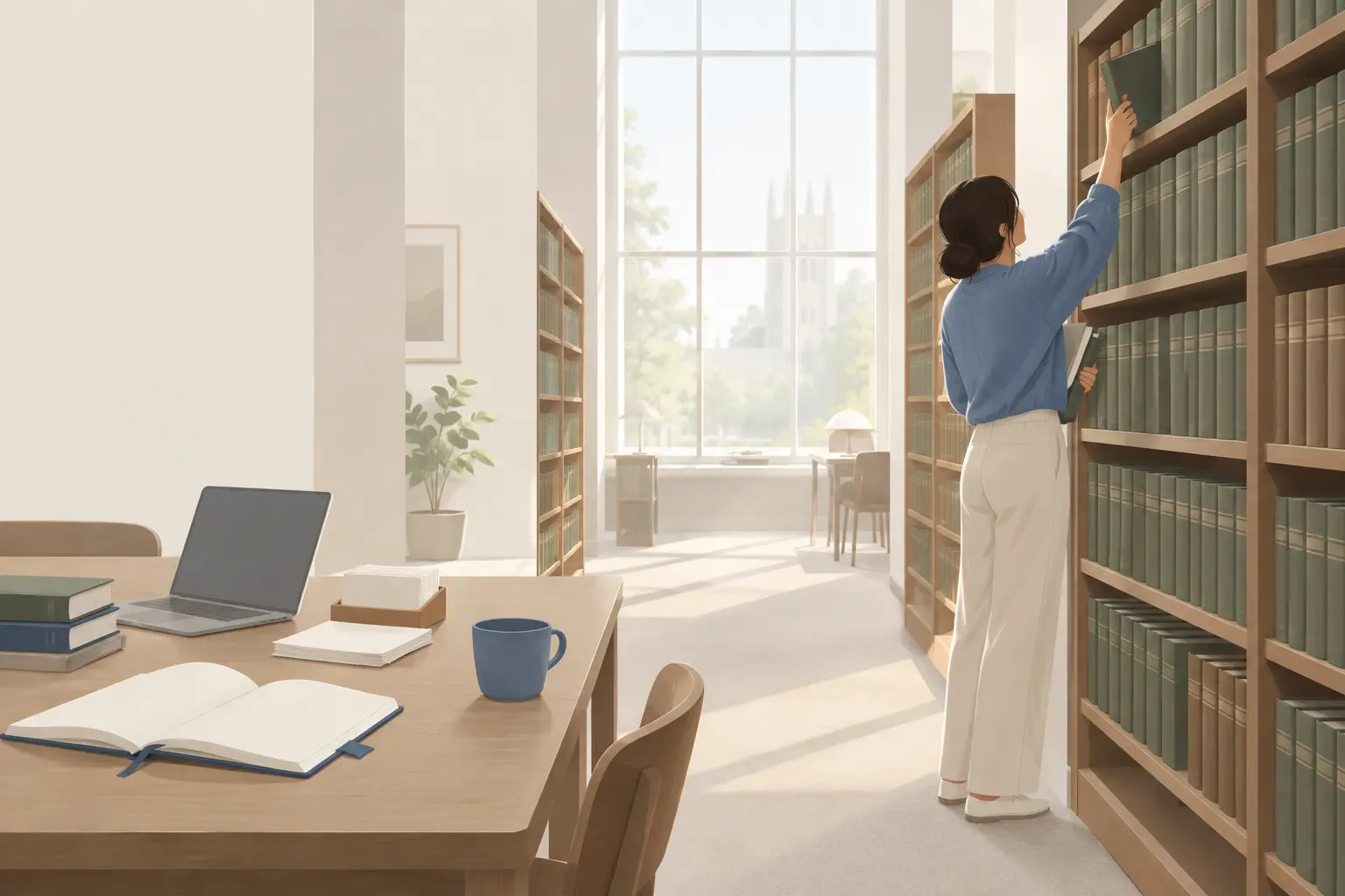 A researcher in a quiet library aisle pulling a bound journal volume from a high shelf