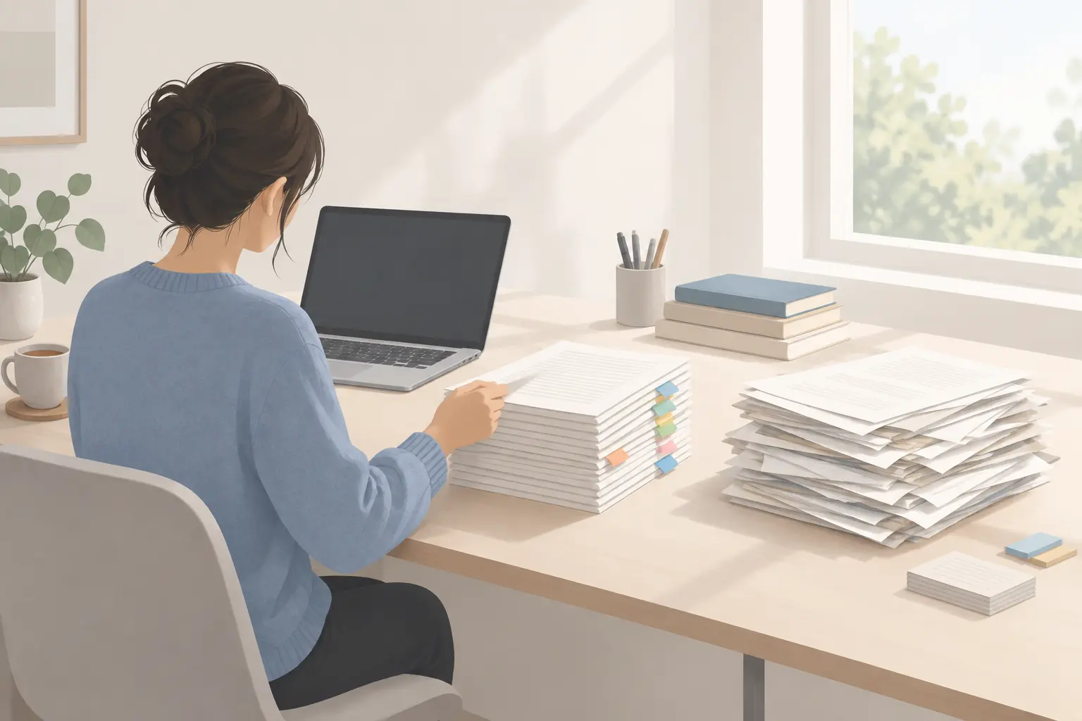 A researcher at a sunlit desk sorting printed journal articles into a tabbed pile and an unchecked pile
