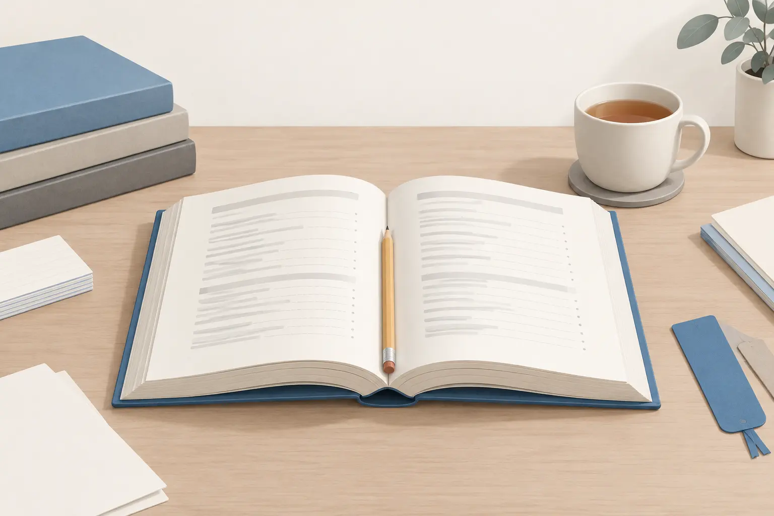 An open hardcover textbook turned to its contents pages, a pencil in the gutter, a cup of tea and a stack of books on the desk