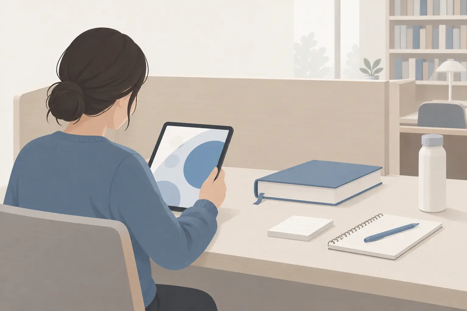 A student reading a medical ebook on a tablet at a quiet study carrel, a closed print textbook stacked beside the tablet