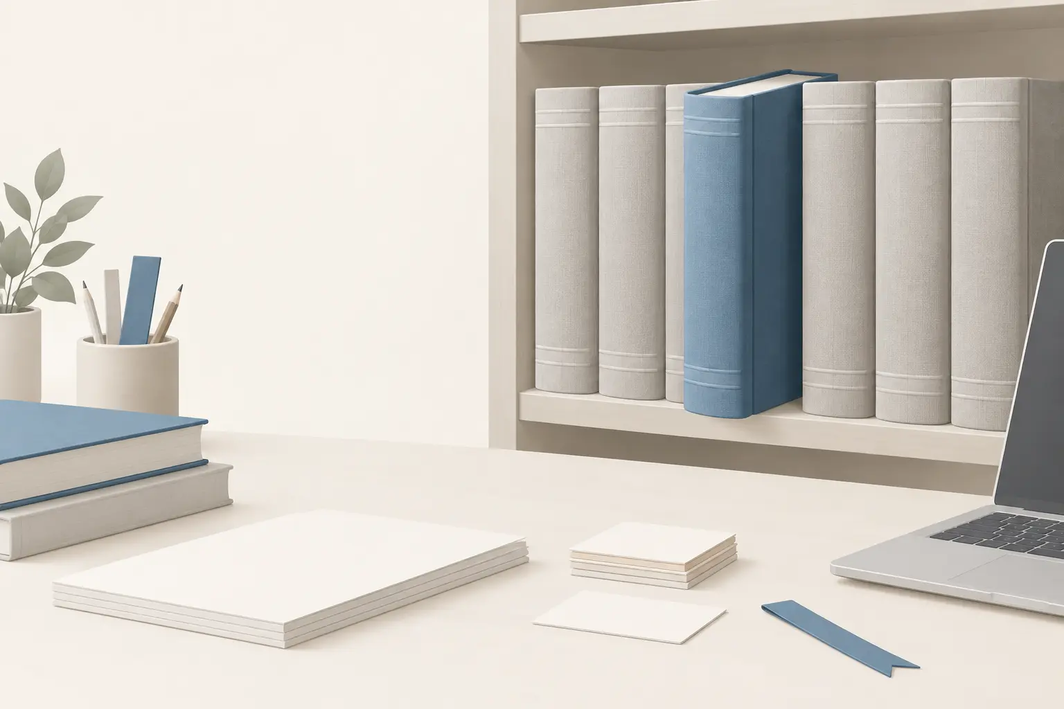 A row of matching gray reference volumes on a shelf with one blue volume pulled partly out