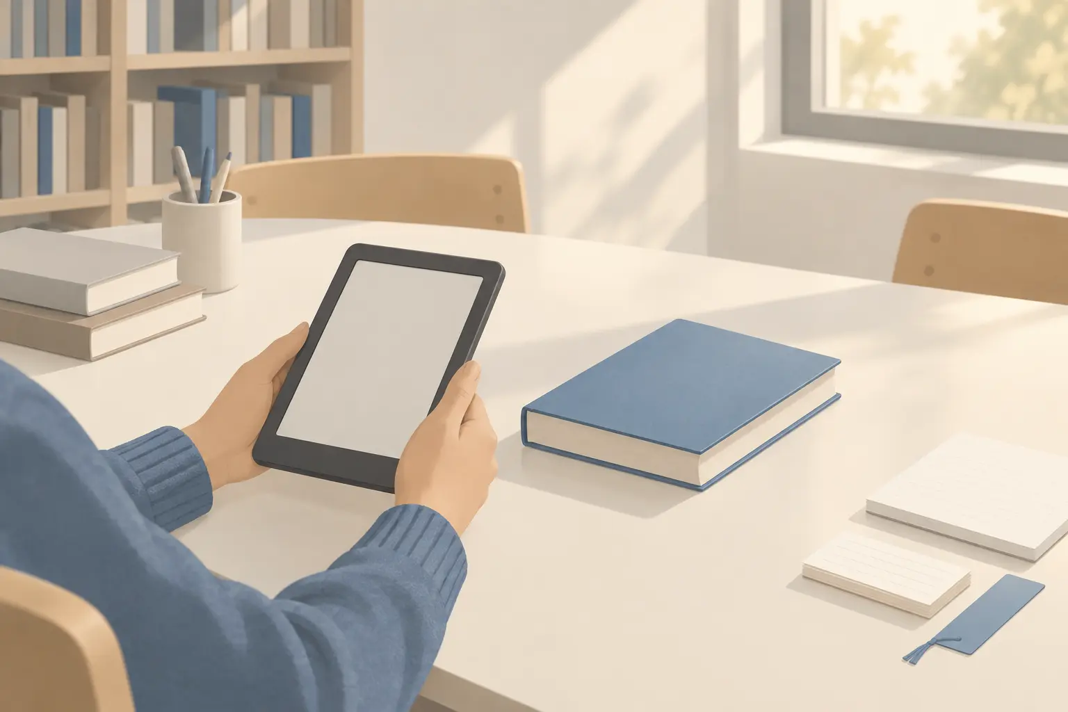 A student holding an e-reader at a library table, a closed blue hardcover lying beside it