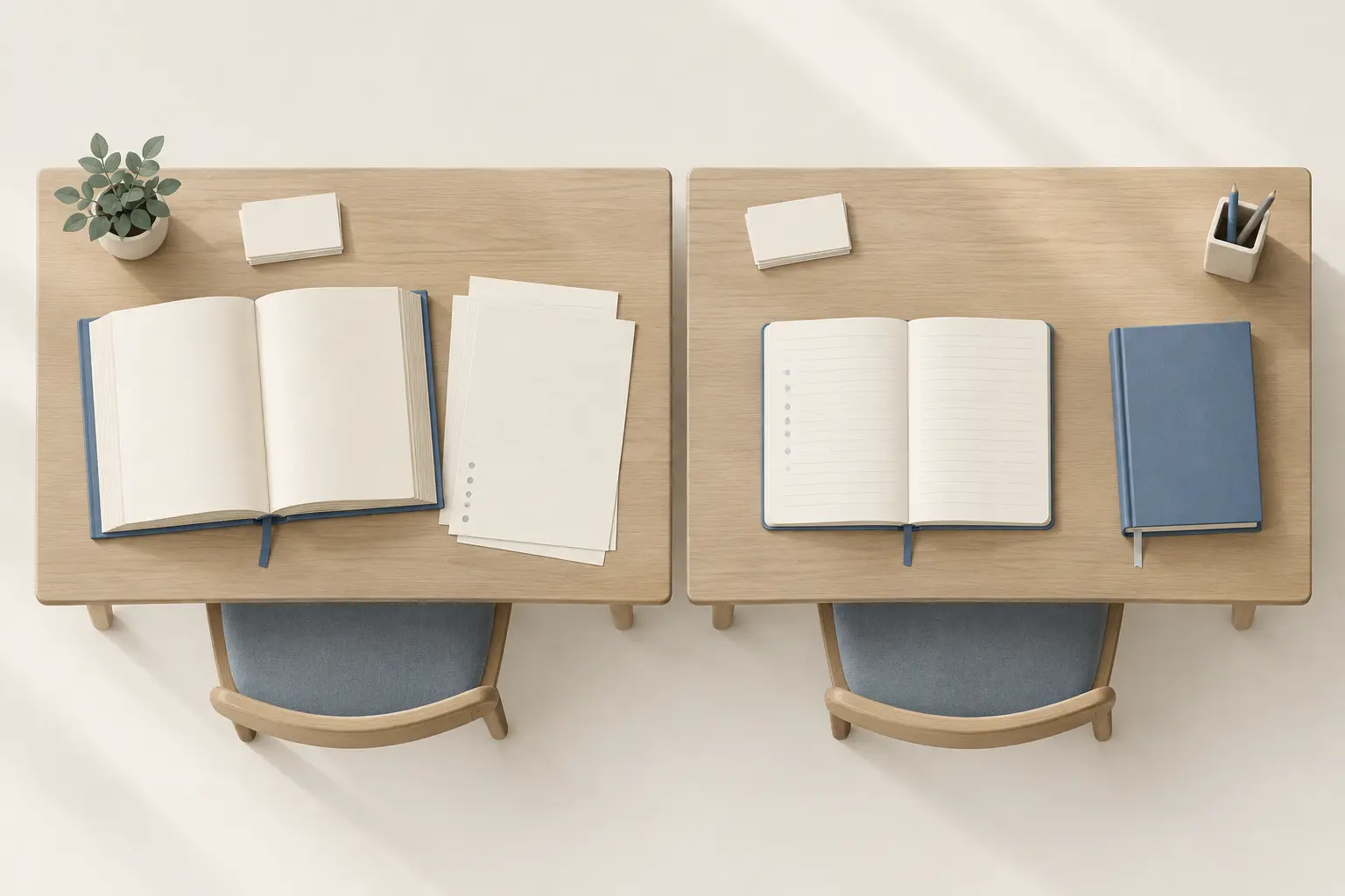 Two wooden desks seen from above, one with a hardcover book open beside a stack of loose notes, the other with an open lined notebook and a closed blue book