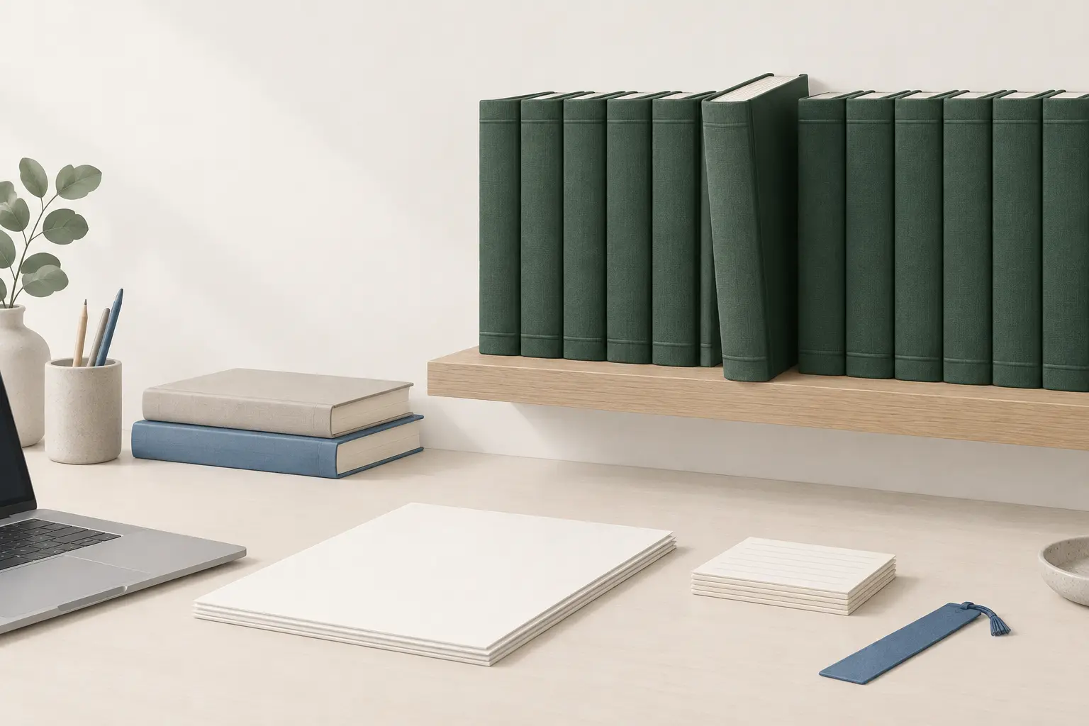 A shelf of matching dark green hardbound volumes with one volume pulled partly out of the row