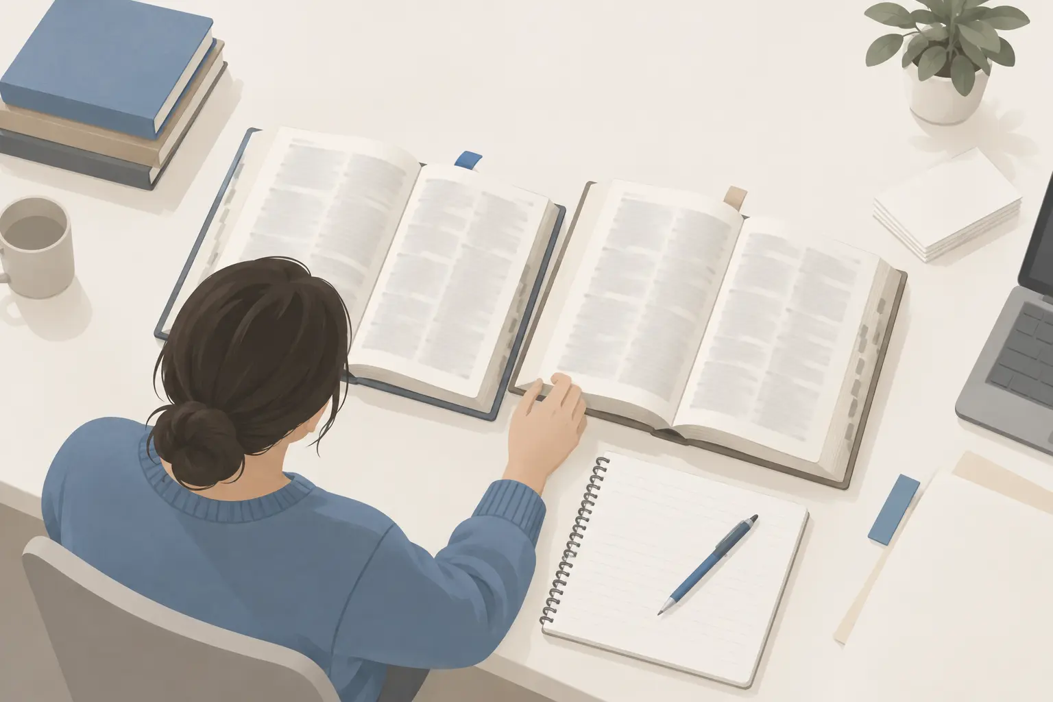 A student seen from behind at a desk, comparing two large dictionaries open side by side, with a spiral notebook and pen beside them