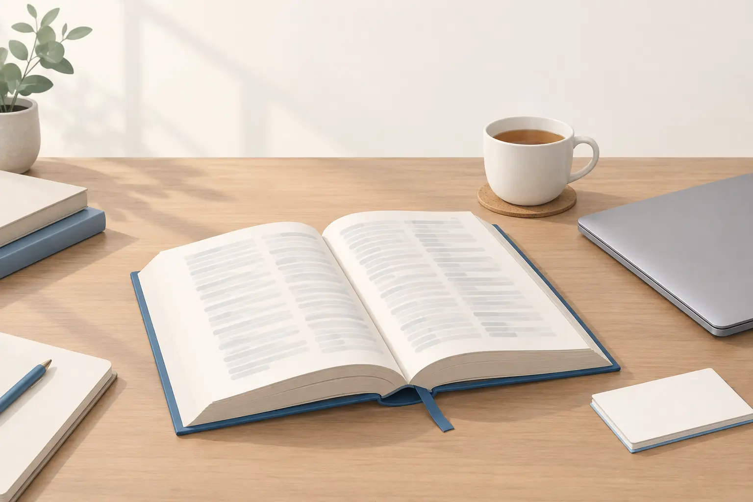 An open hardbound dictionary on a wooden desk beside a closed laptop and a cup of tea, the two ways students look up a word