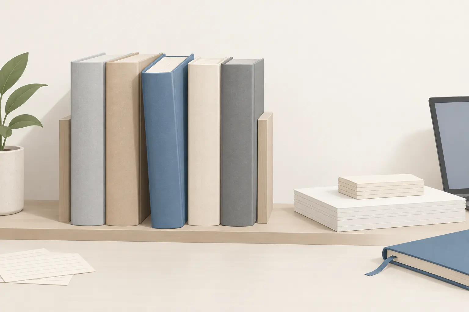 A row of thick, plain cloth-bound reference books held between wooden bookends on a shelf, with one blue volume tilted forward