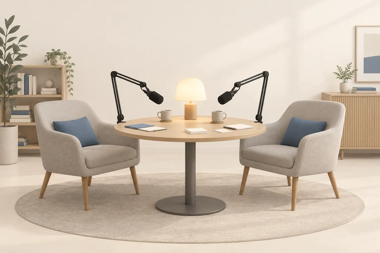 Two empty armchairs facing each other across a small round table, each with a microphone on a boom arm angled toward it and a lit lamp between them