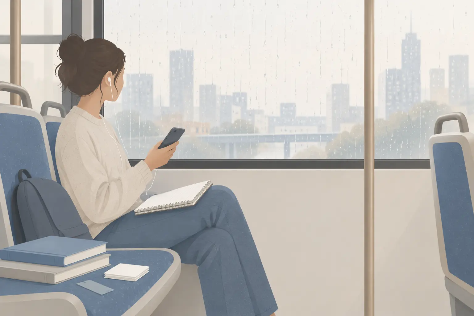 A student on a bus with wired earbuds in, holding a phone and looking out a rain-streaked window at a city skyline, a spiral notebook resting on their lap