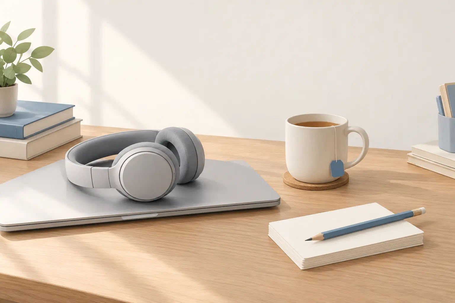 Grey over-ear headphones resting on a closed laptop on a wooden desk, beside a mug of tea on a cork coaster and a pencil lying on a stack of blank index cards