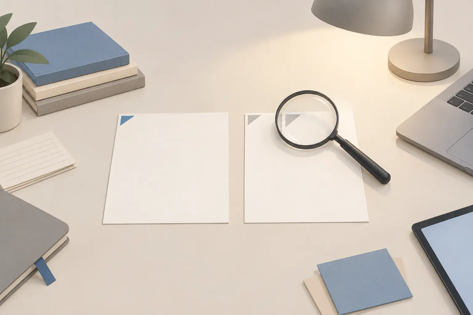 Two blank sheets of paper side by side under a desk lamp, each with a small coloured corner, and a magnifying glass resting over the corner where the second sheet's colour differs