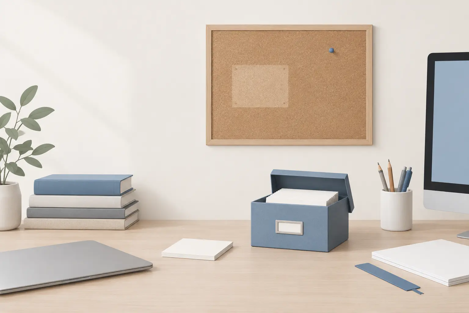 A framed corkboard on a pale wall with a faint lighter rectangle where a card used to be pinned and one blue pushpin left behind, above an open blue file box of blank cards on a desk
