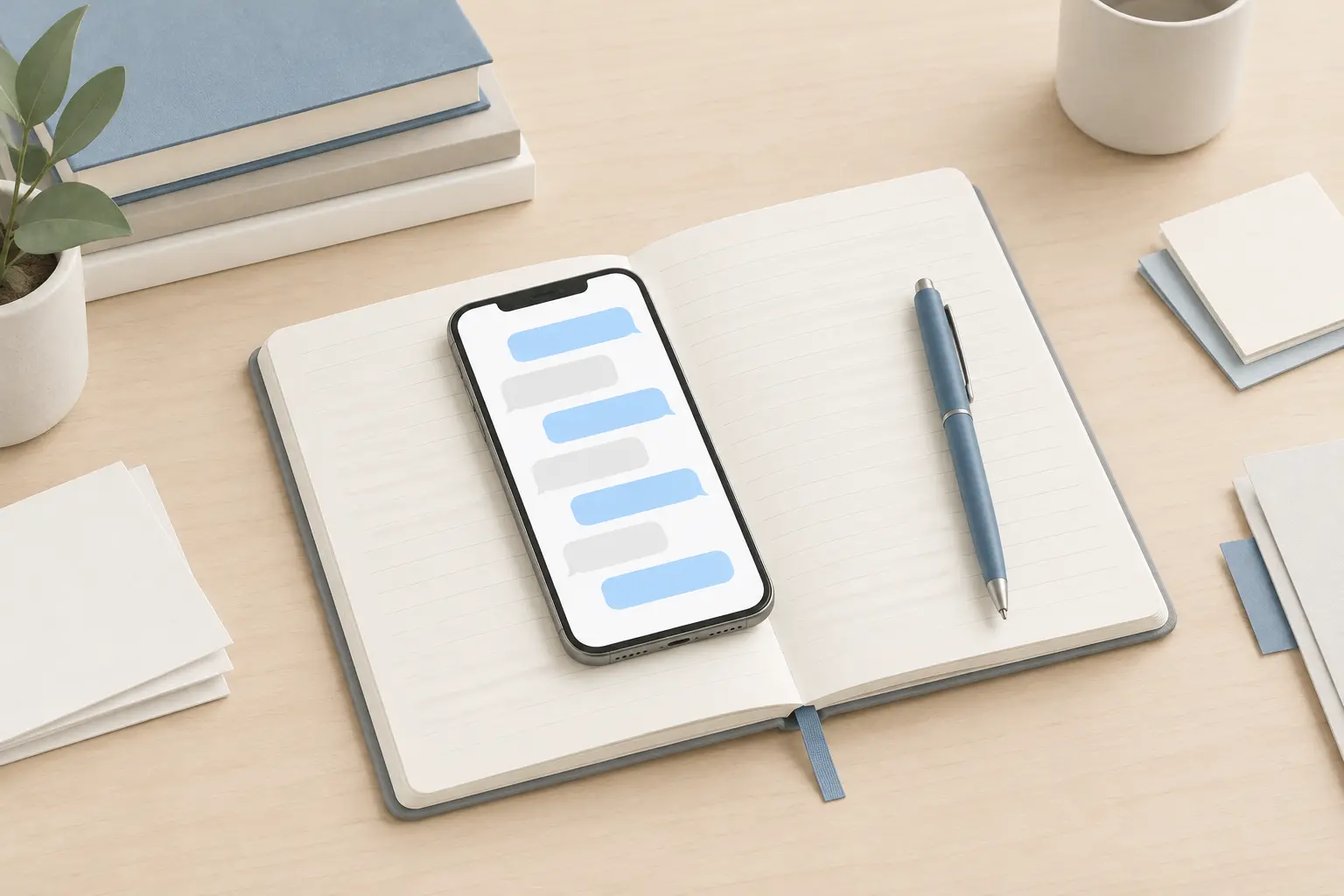 A smartphone lying face up on an open lined notebook beside a blue pen, its screen showing a column of blank rounded message bubbles in soft blue and grey