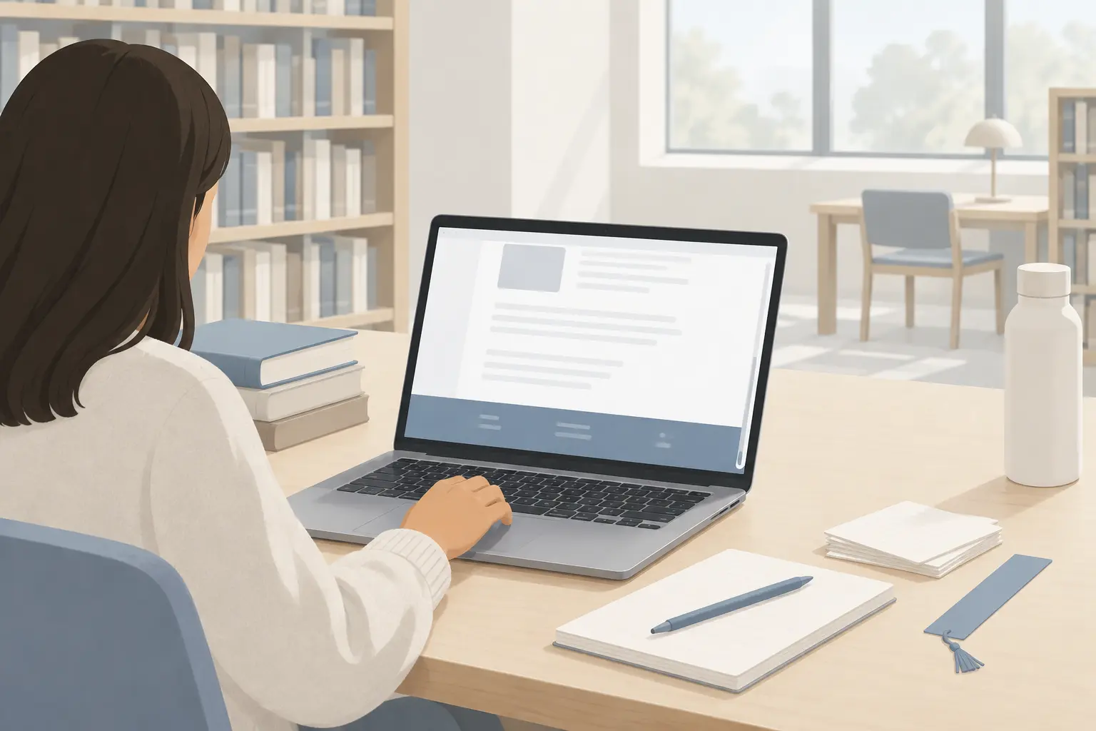 A student at a library desk scrolling a laptop to the bottom of a long web page, where a shaded footer bar sits under the article