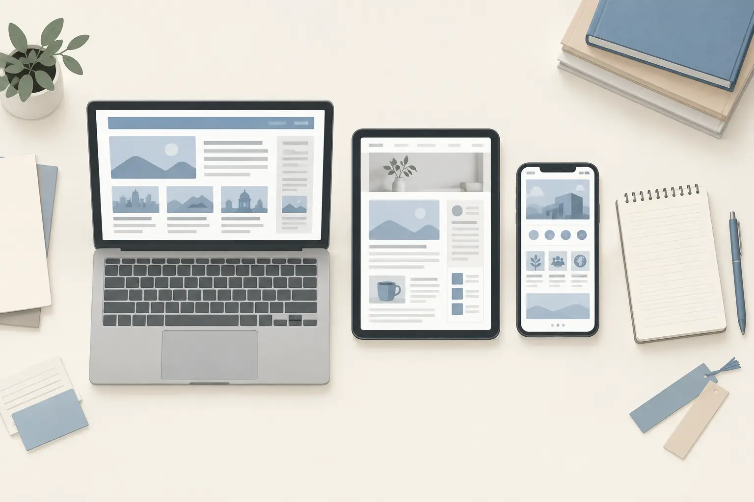 Overhead view of a laptop, a tablet and a phone side by side on a desk, each showing a different web page layout: a news front page, a blog and an organization's home page