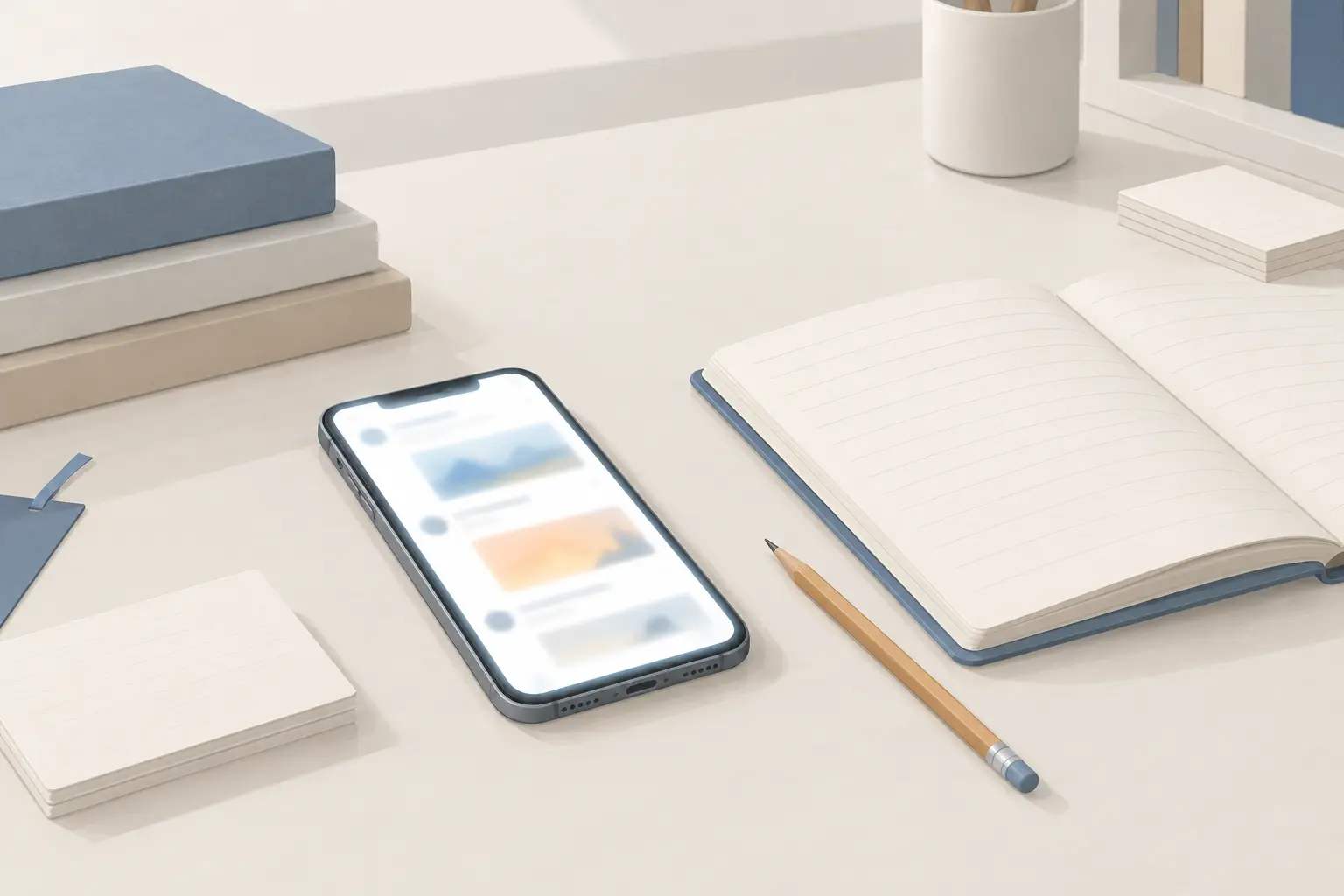 A smartphone lying face up on a desk beside an open lined notebook and a pencil, its screen showing a blurred feed of posts with images