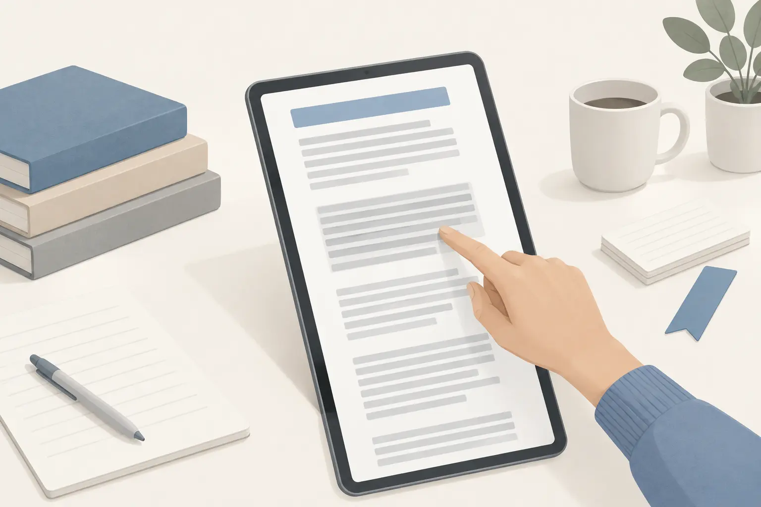 A hand pointing to one paragraph partway down a long article on a tablet, counting paragraphs from a heading