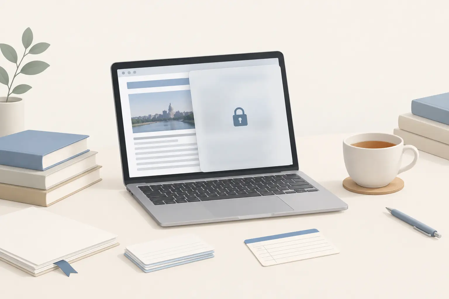 A laptop on a calm desk showing a news article partly covered by a frosted panel with a padlock, beside a cup of tea and index cards