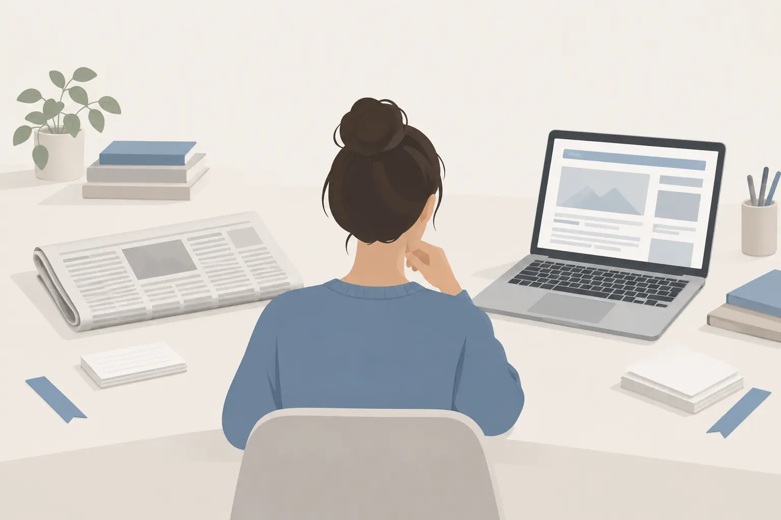 A student at a desk looking between a folded print newspaper on one side and a laptop showing a news website on the other