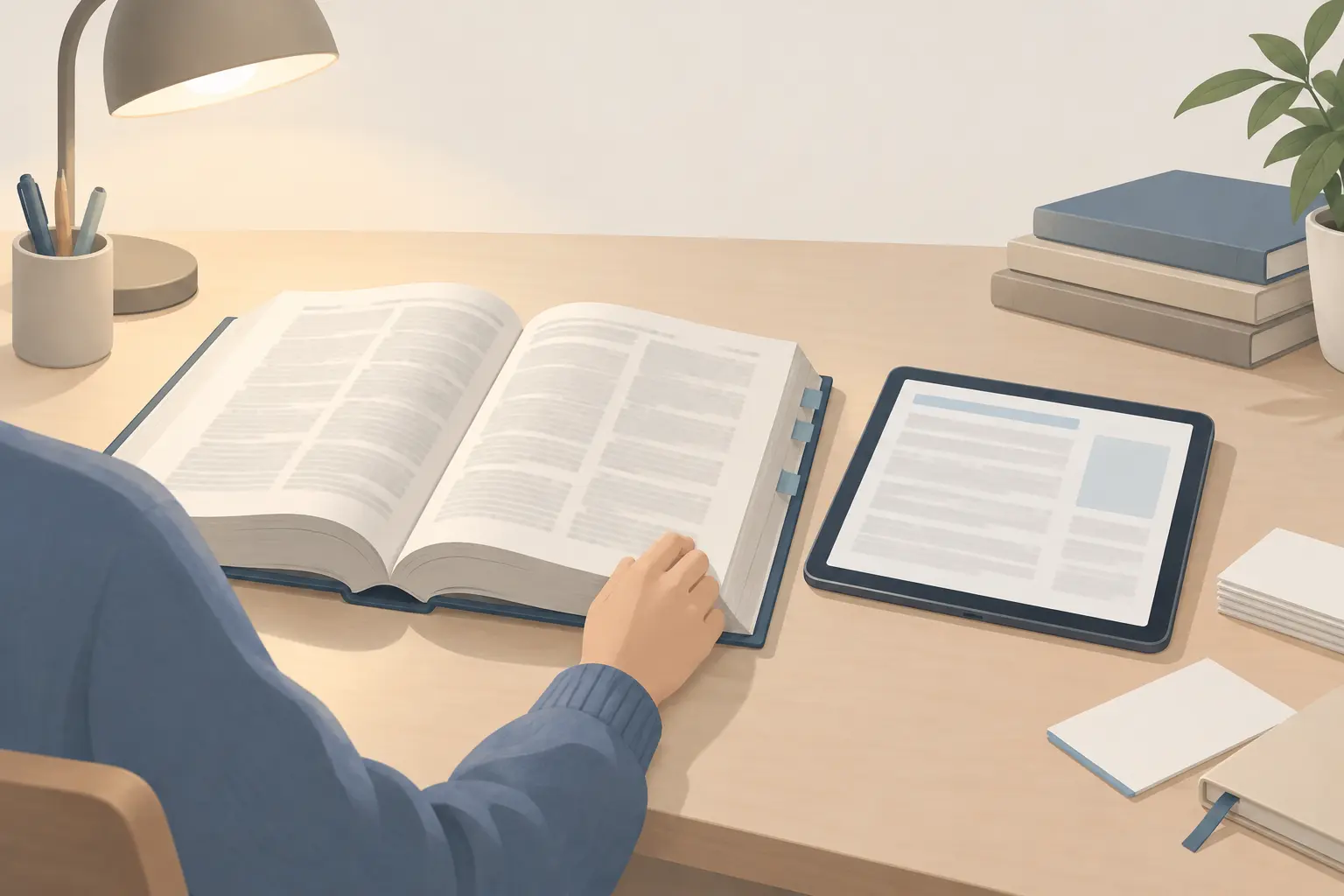 A student comparing a heavy printed pharmacopoeia volume with the same entry open on a tablet beside it