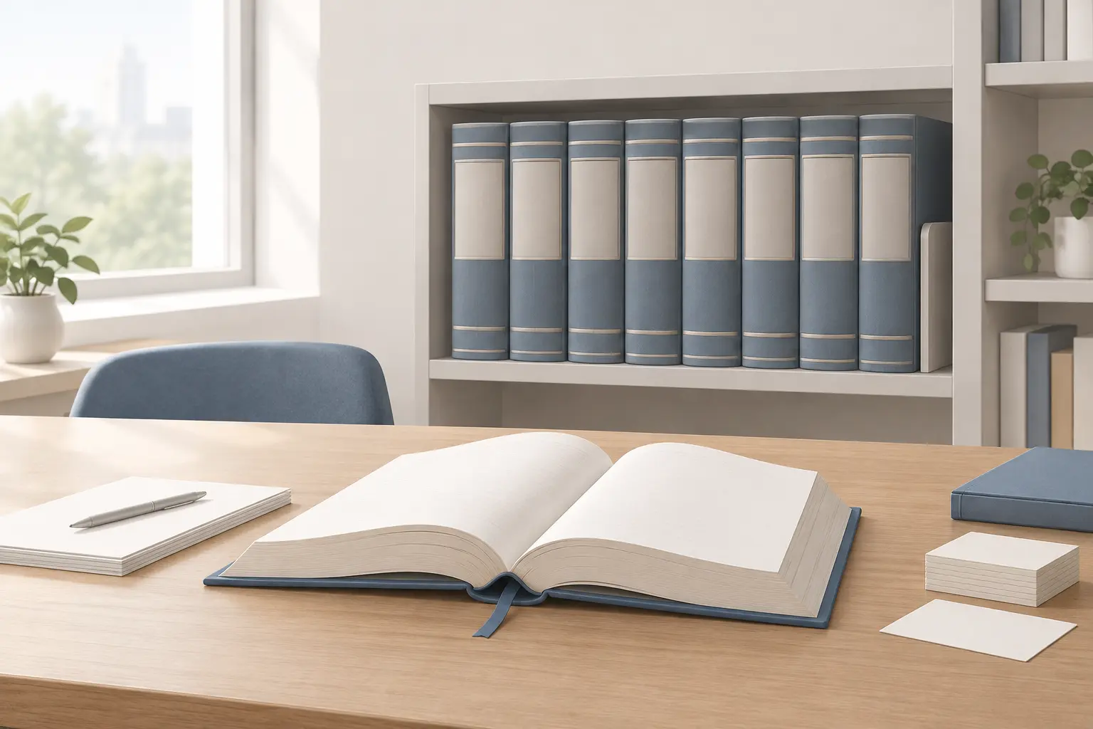 A row of thick multivolume reference books on a quiet library shelf beside a reading table