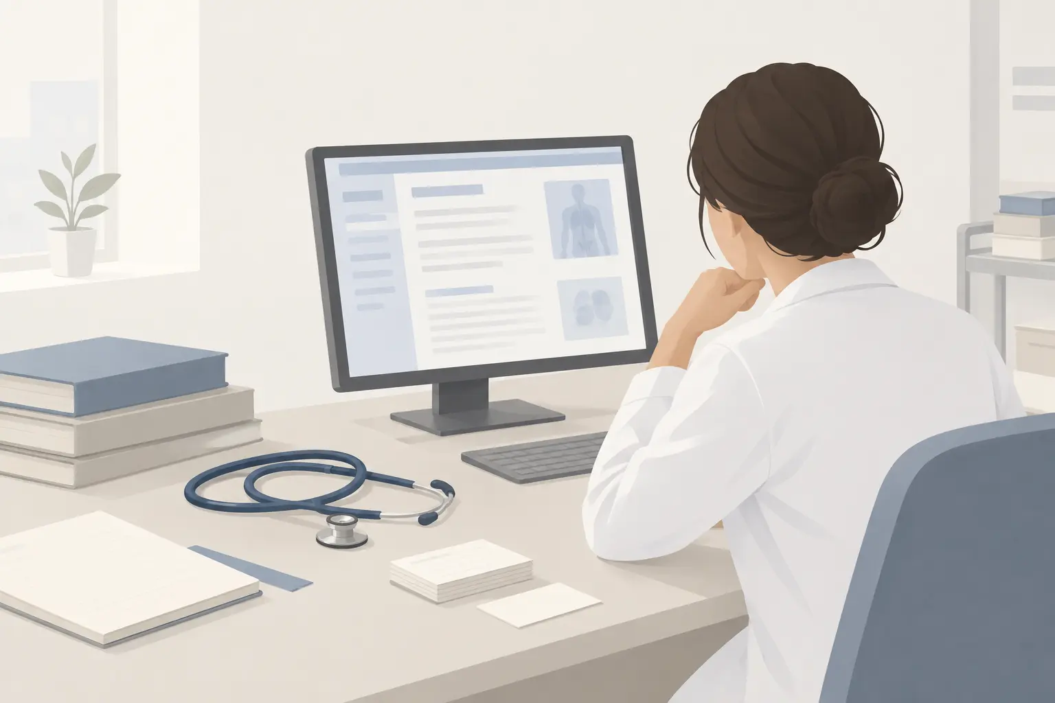A medical student at a hospital workstation reading a clinical reference on screen, a stethoscope on the desk