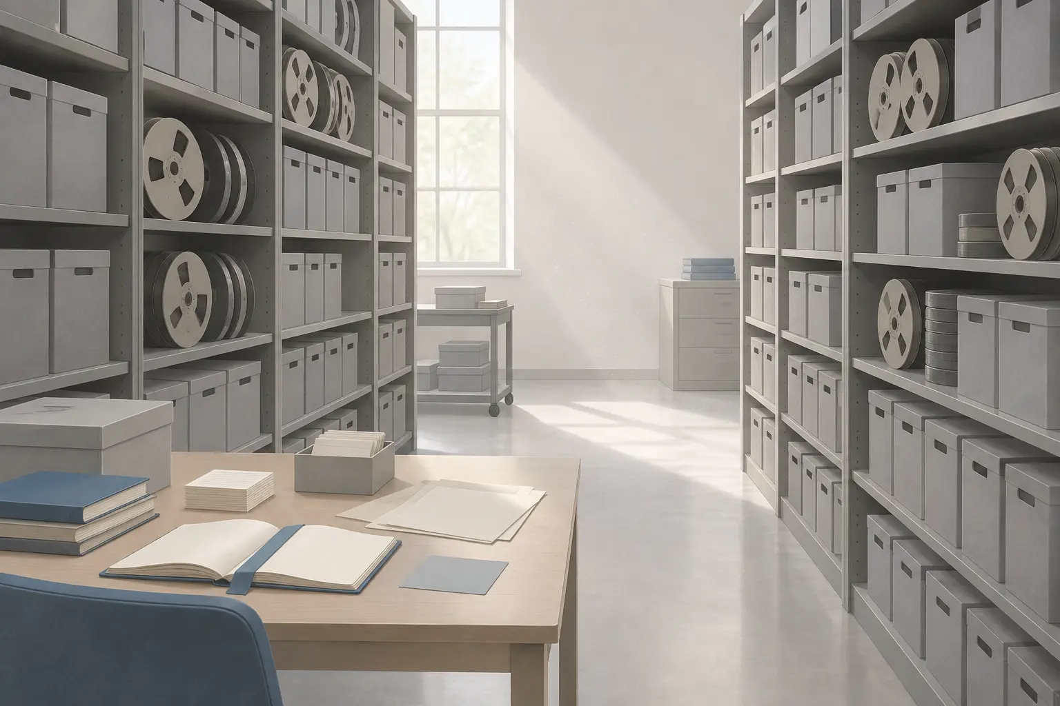 A quiet archive room with tall shelves of plain grey archival boxes and reel-to-reel audio tapes, daylight crossing the aisle from a tall window