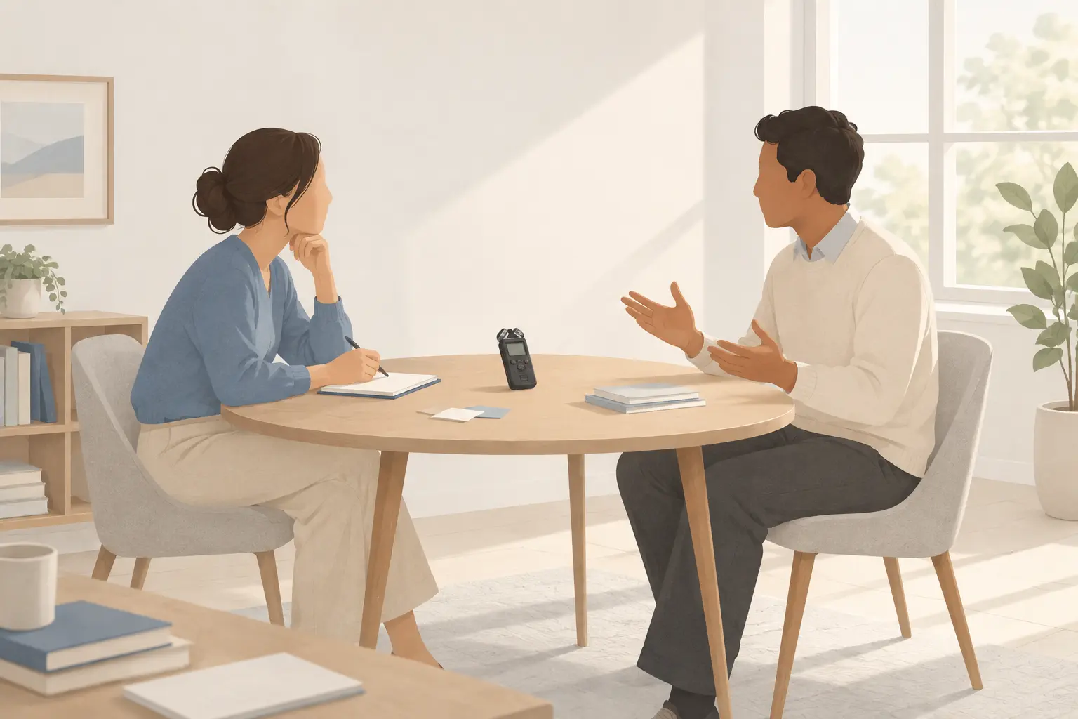 Two people seated across a small round table in a sunlit room, one listening and taking notes while the other speaks, with a small handheld audio recorder between them