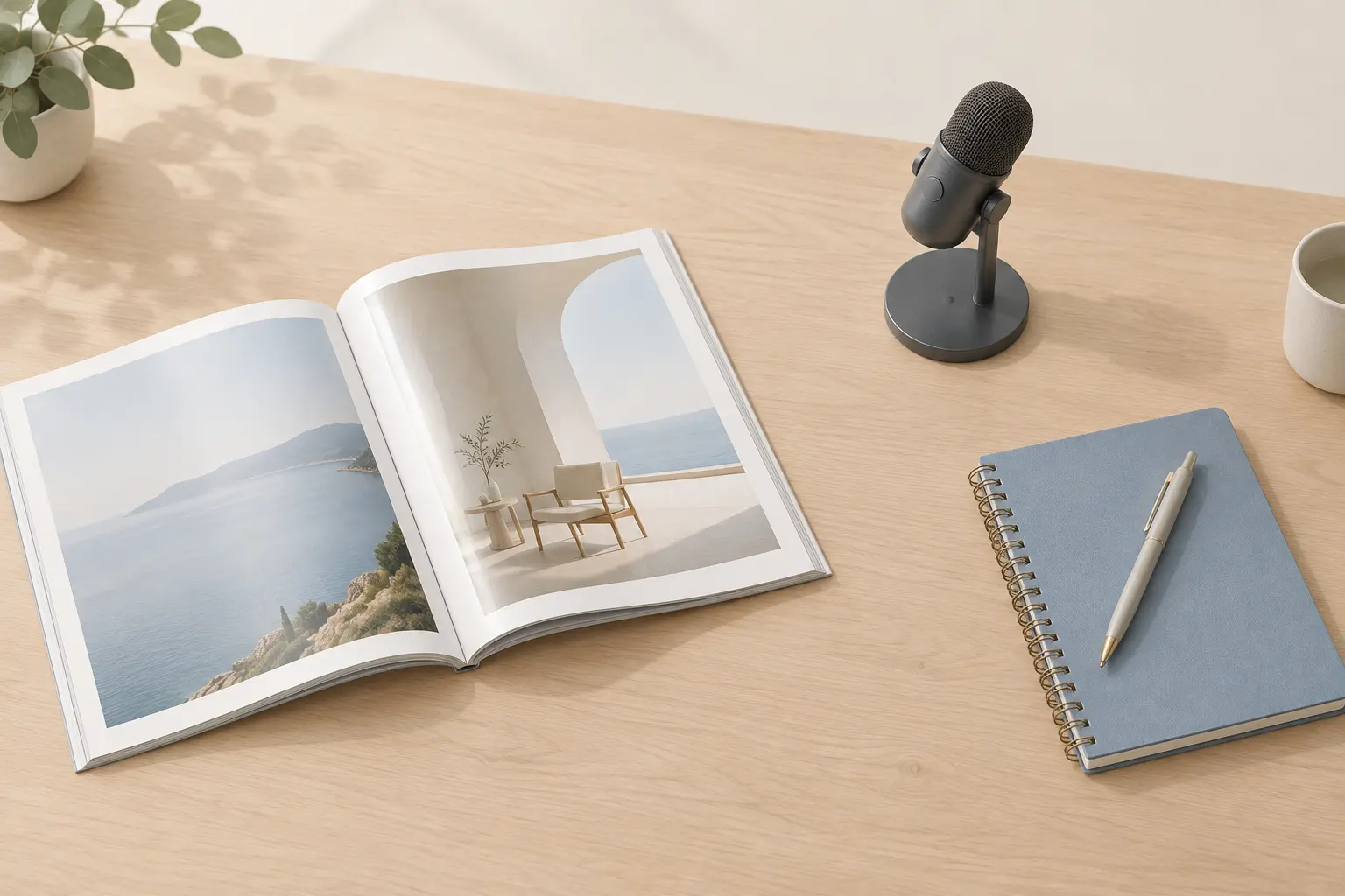 An open magazine, a podcast microphone on a stand, and a closed spiral notebook with a pen, arranged apart on a sunlit wooden desk