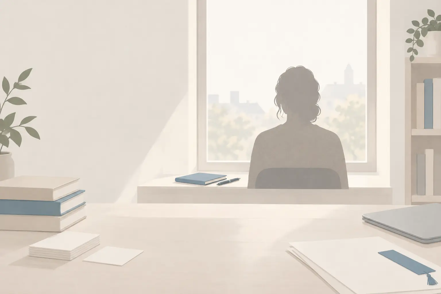 A person seen from behind as a soft silhouette against a bright window, a closed notebook and pen on the sill in front of them