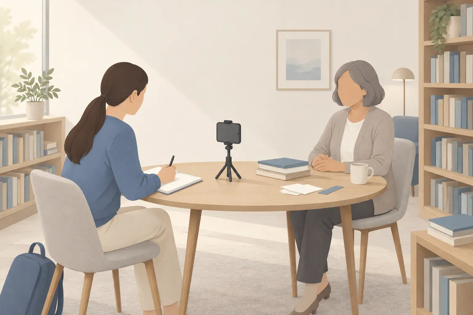 A student taking notes across a library table from an older woman, a phone on a small tripod recording the conversation between them