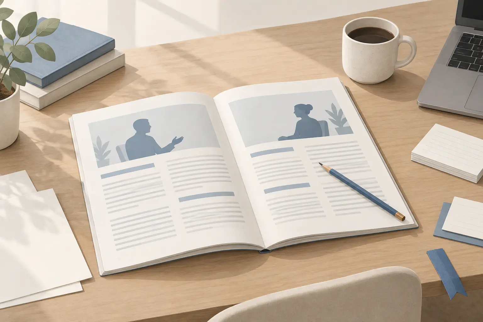 An open literary journal on a wooden desk showing a two-page interview spread with silhouettes of two speakers, a pencil resting across the page