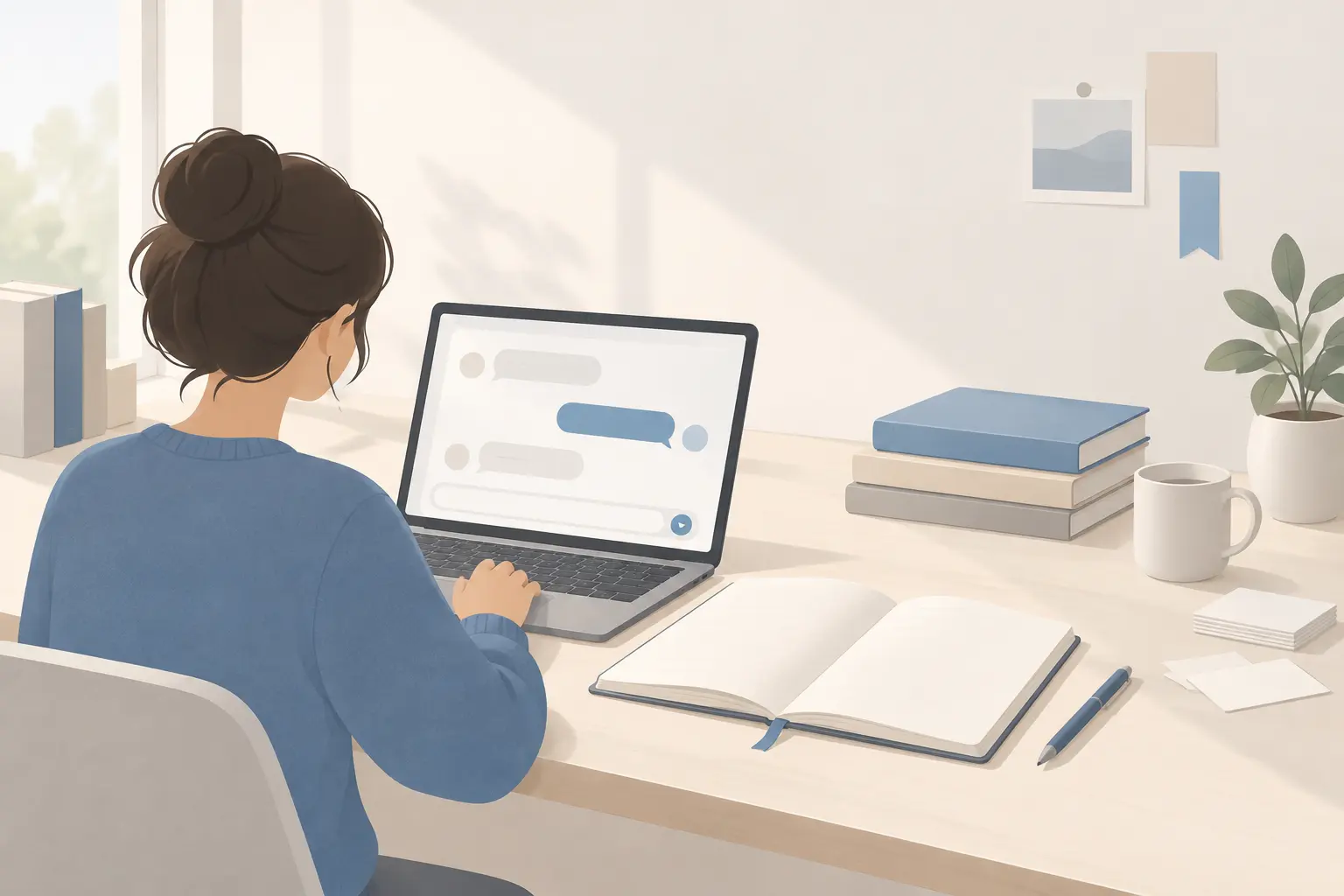A student at a desk typing into an AI chat window on a laptop, with an open notebook and pen beside it