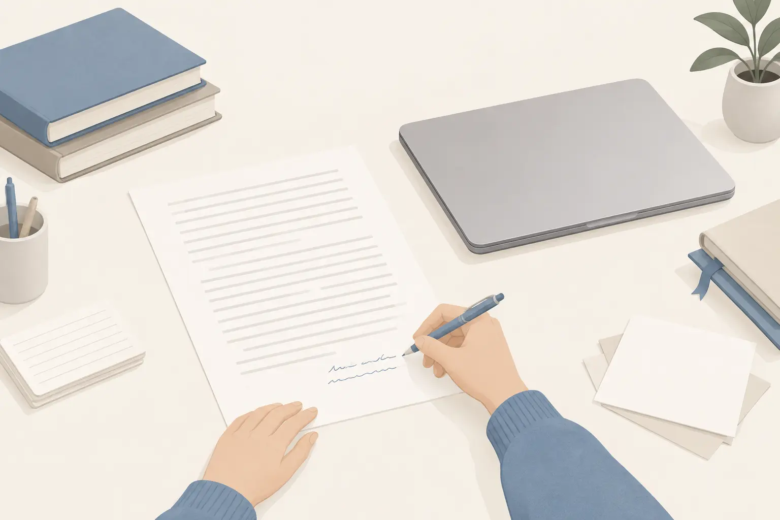 A student writing a short handwritten note at the bottom of a printed essay page, with a closed laptop on the desk