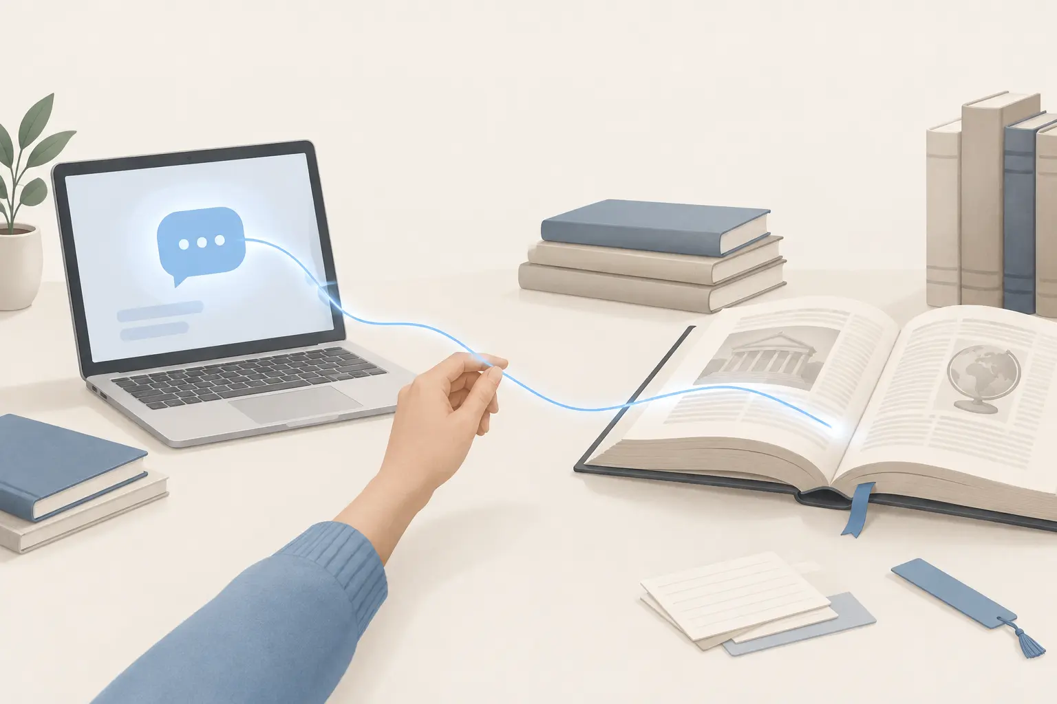 A hand tracing a glowing thread from a chat bubble on a laptop to an open printed encyclopedia on a library table