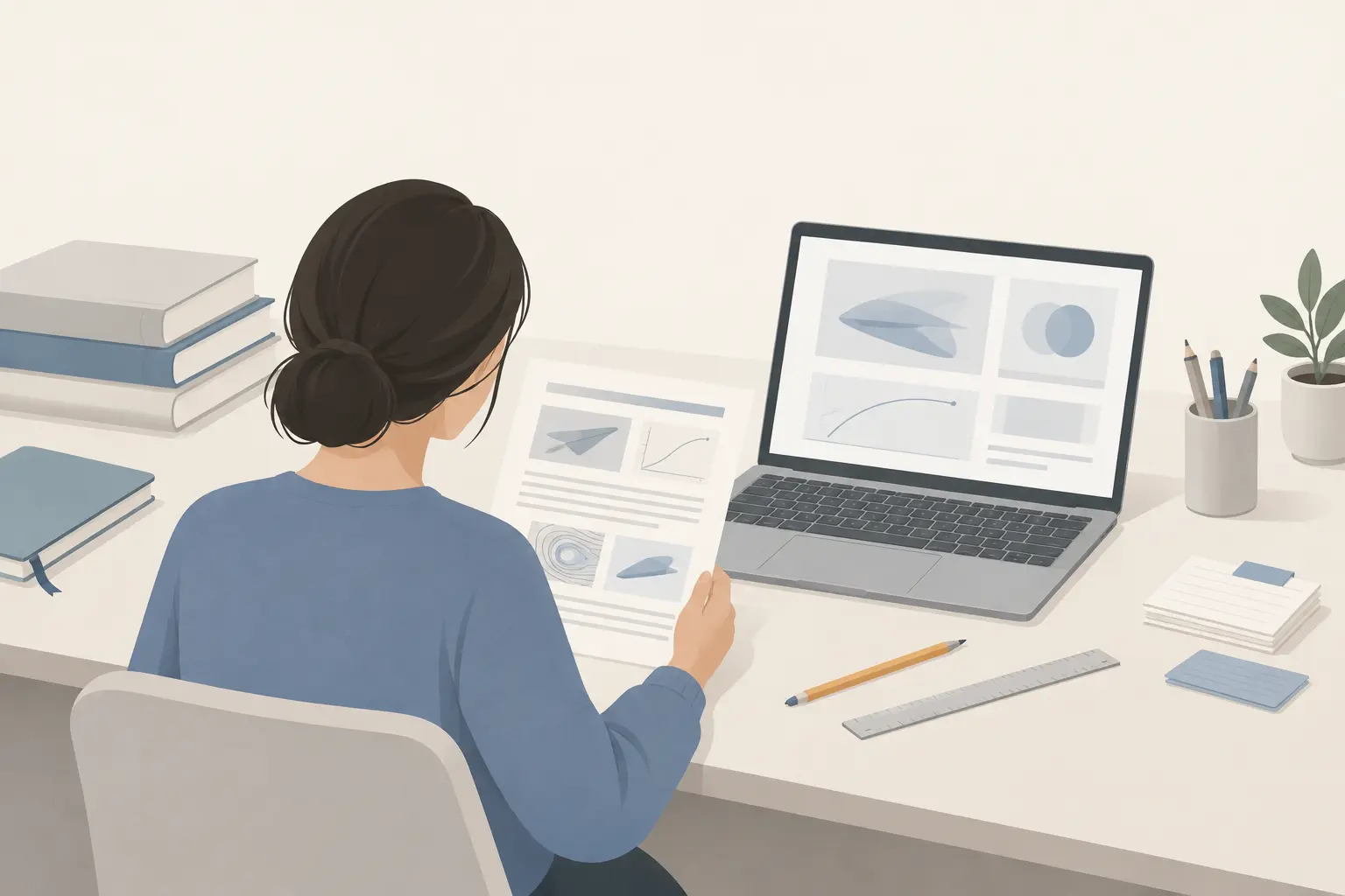 A student holding a printed engineering paper next to a laptop, with a pencil and a ruler on the desk