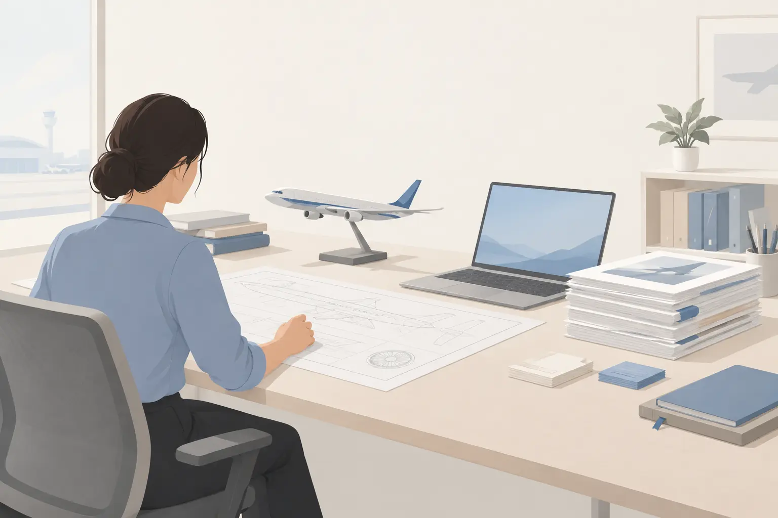 An engineer at a desk with an aircraft drawing, an airliner model on a stand, a laptop, and a tall stack of technical papers