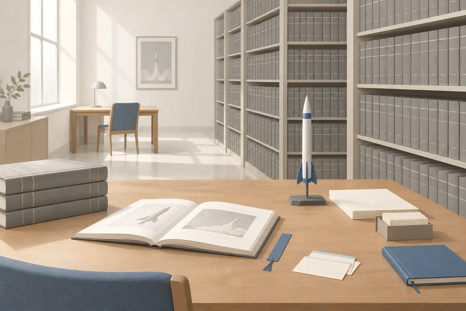 Tall shelves of grey bound report volumes behind a reading table with an open book and a small rocket model