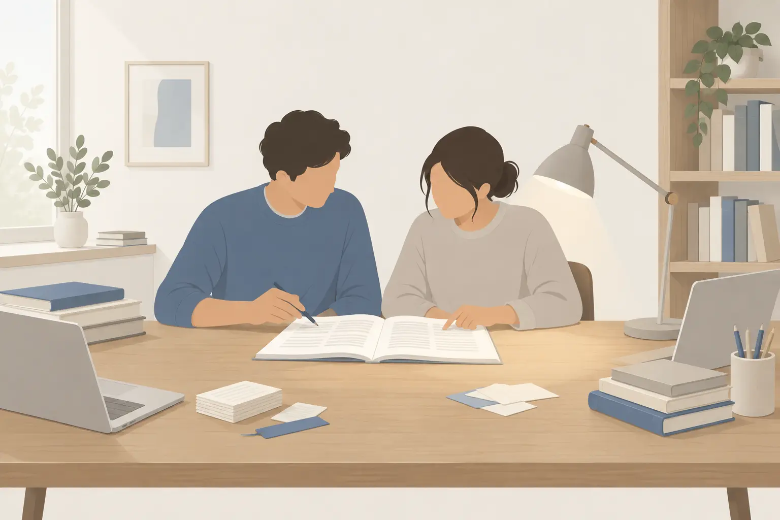 Two researchers side by side at a wooden desk, reading one open book together under a desk lamp