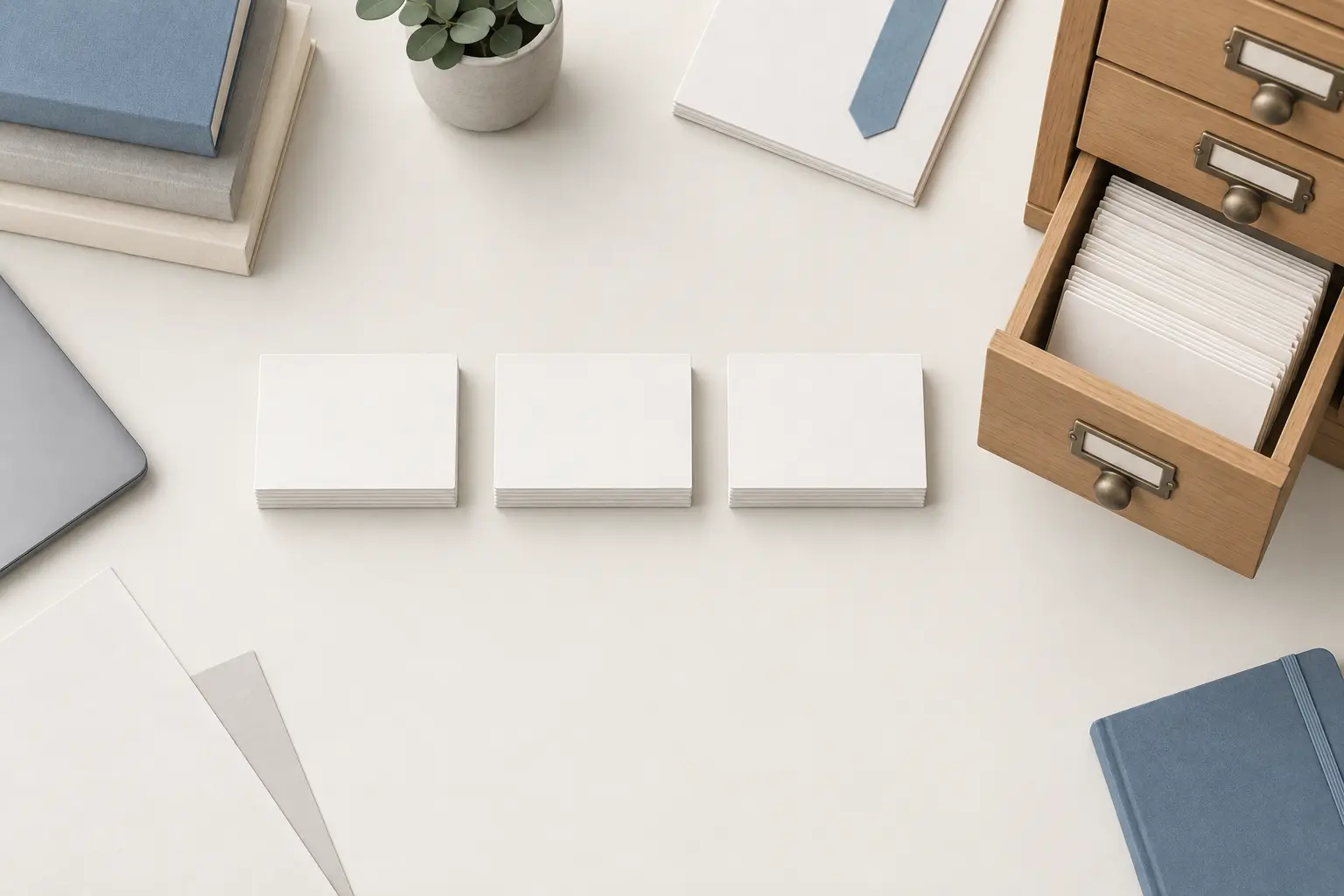 Three stacks of blank index cards lined up on a desk beside an open card catalogue drawer