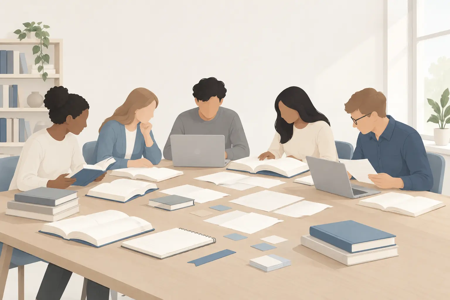 Five researchers around a long table covered with open books, laptops and loose printouts