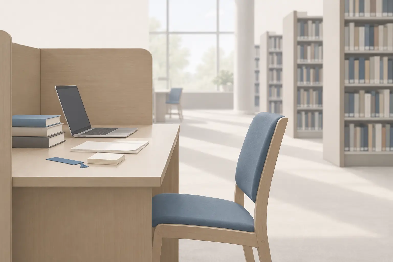 A quiet university library study carrel with a laptop, a small stack of closed books, and an empty chair, with shelves blurred behind