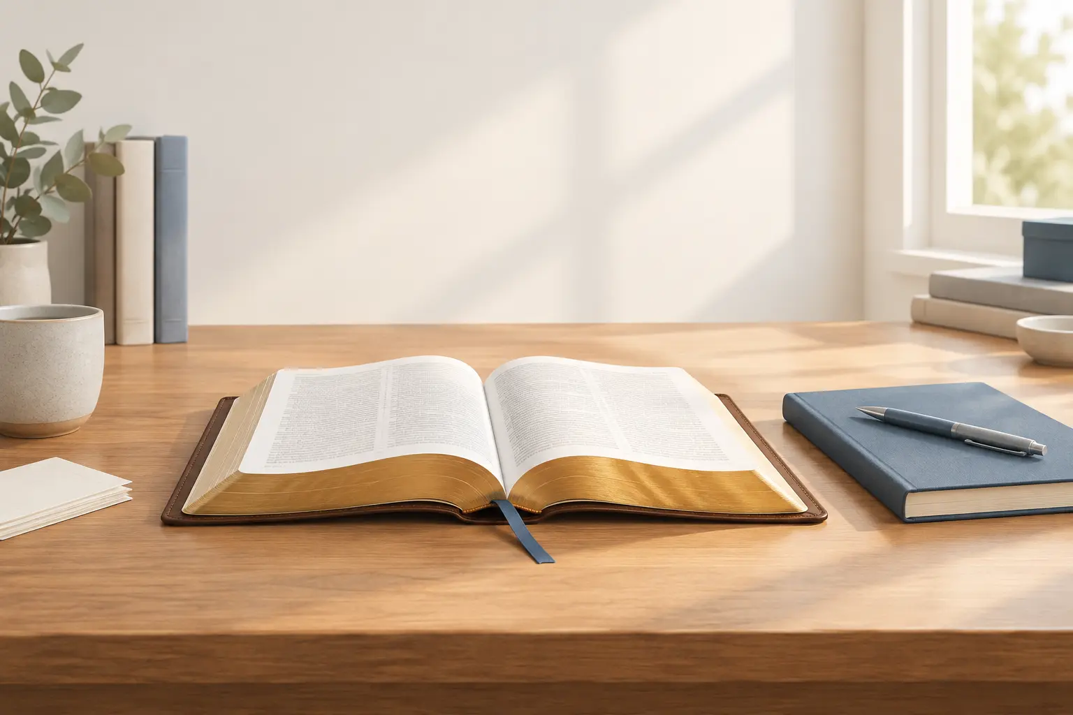 An open Bible with gilded page edges lying on a wooden desk beside a closed notebook and a pen, lit by soft window light